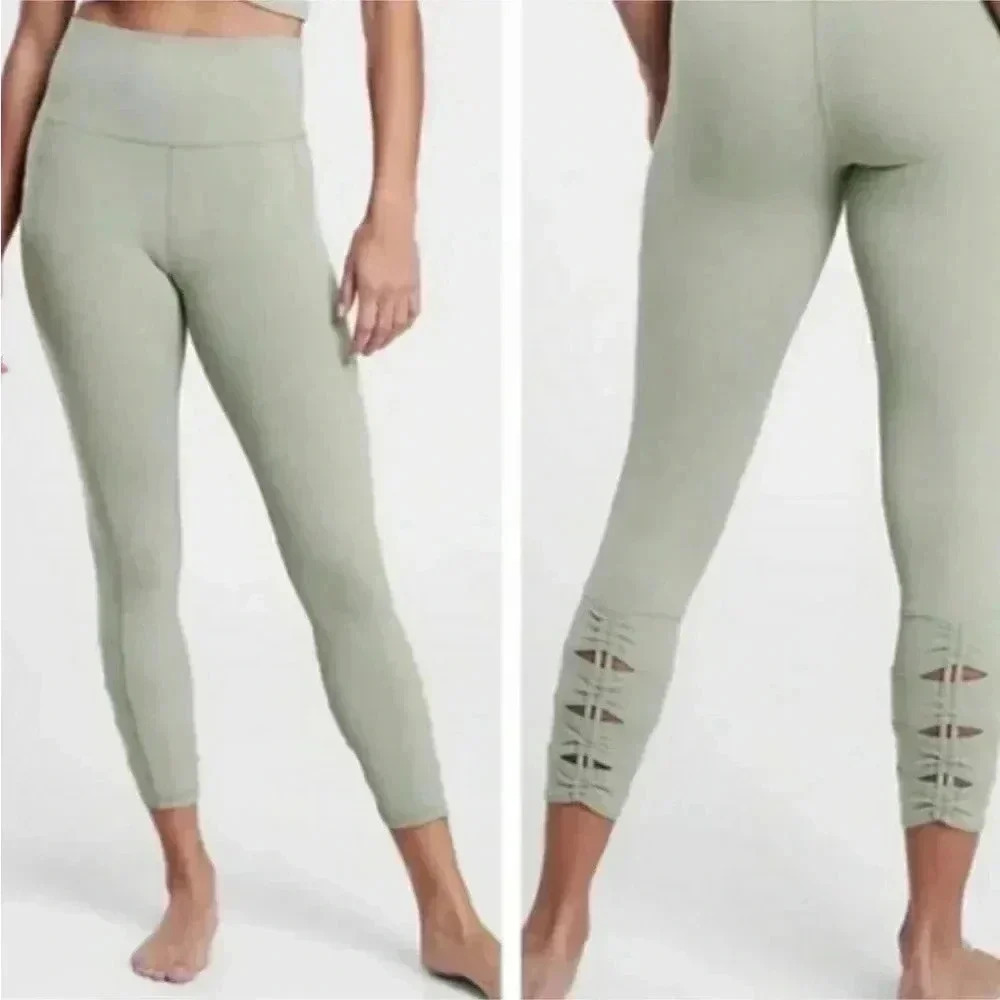 Athleta Sage Green Ribbed High-Waist Leggings with Ankle Cutouts
